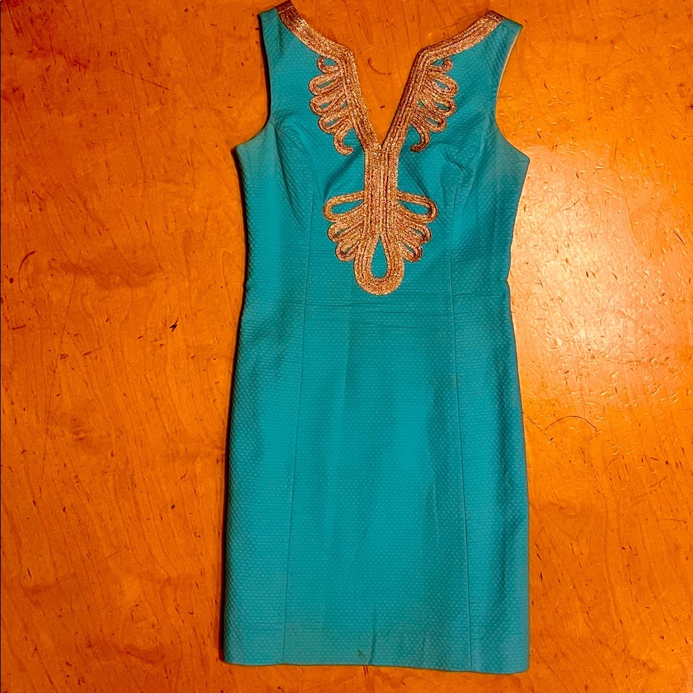 Lilly Pulitzer sundress. Aqua/gold. Excellent condition.  Women Size 00.